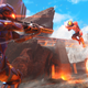 Two futuristic soldiers engage in a portal-aided gunfight.